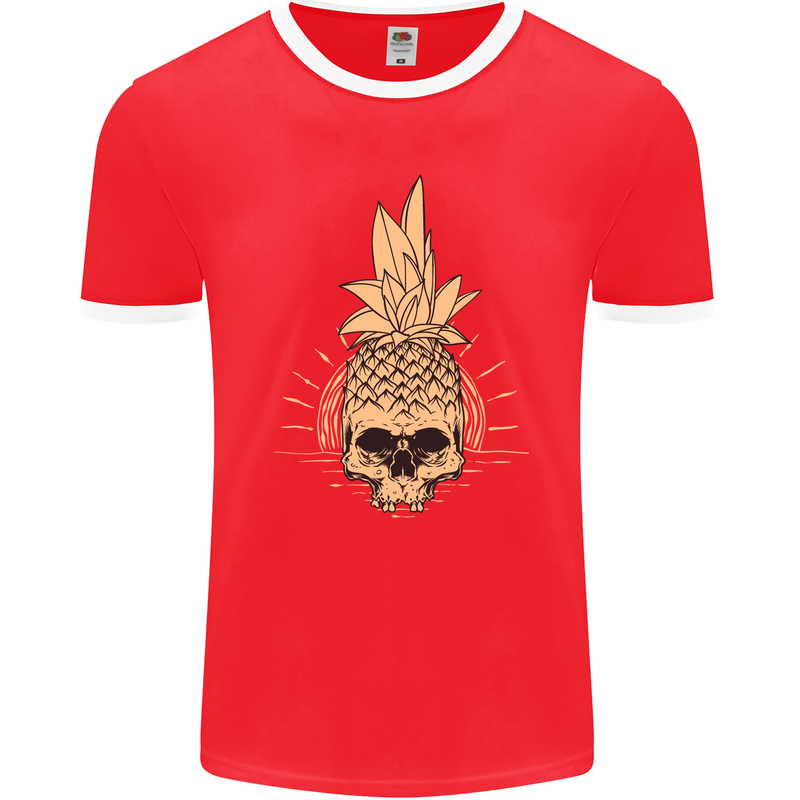 Pineapple Skull Gothic Biker Surfing Mens Ringer T-Shirt FotL Red/White