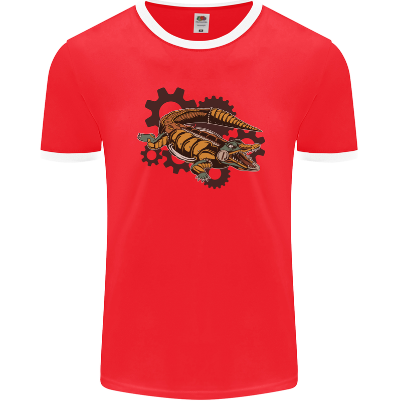 Steampunk Crocodile Alligator Mens Ringer T-Shirt FotL Red/White