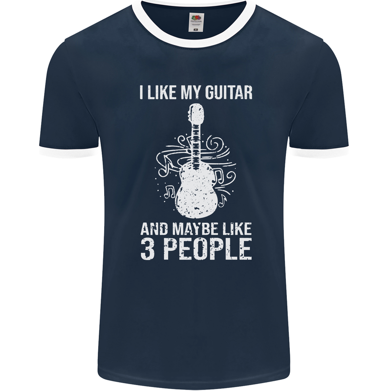 I Like My Guitar and 3 People Rock n Roll Mens Ringer T-Shirt FotL Navy Blue/White