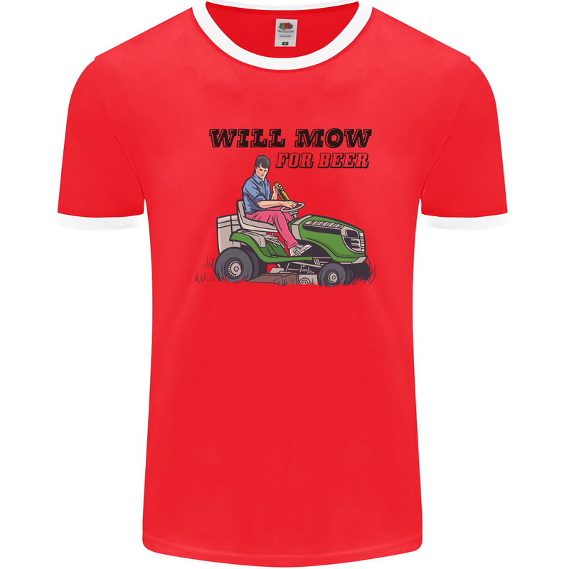 Will Mo the Lawn For Beer Funny Alcohol Mens Ringer T-Shirt FotL Red/White