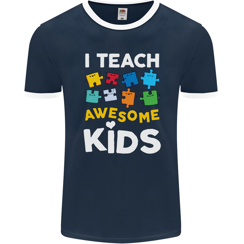 I Teach Awesome Kids Funny Teacher Teaching Mens Ringer T-Shirt FotL Navy Blue/White