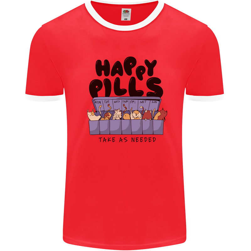 Cats Happy Pills Funny Feline Mens Ringer T-Shirt Red/White