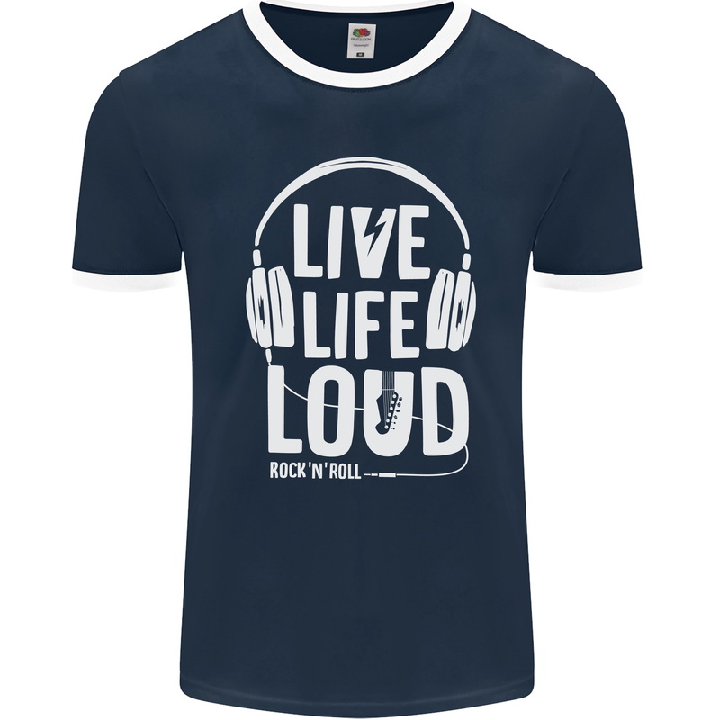 Music Live Life Loud Rock n Roll Guitar Mens Ringer T-Shirt FotL Navy Blue/White