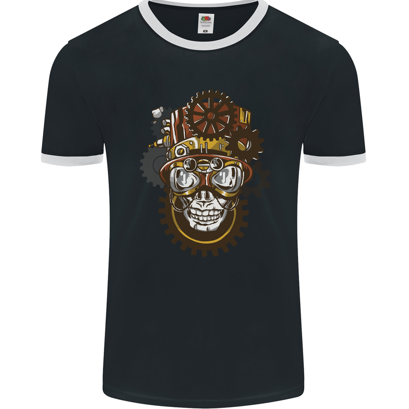 Steampunk Skull Mens Ringer T-Shirt FotL Black/White