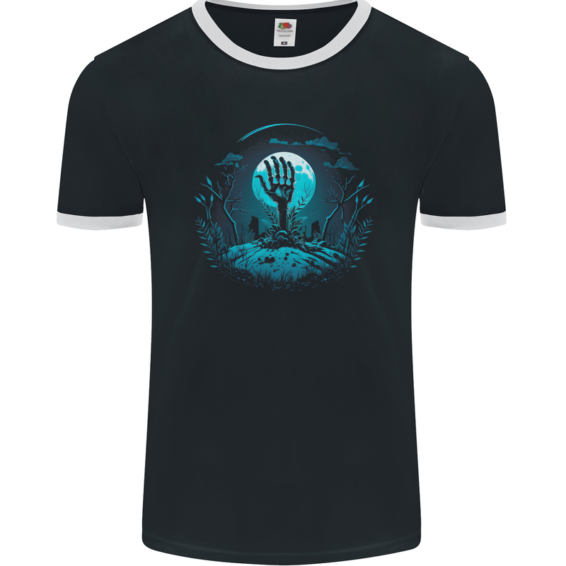 A Skeleton Hand Rising From a Graveyard Mens Ringer T-Shirt FotL Black/White