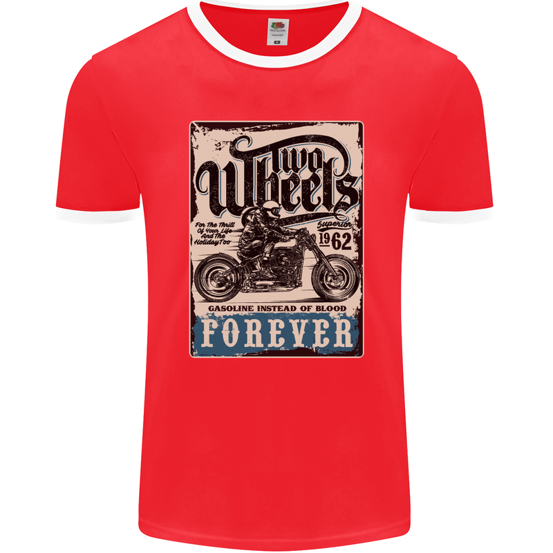 Two Wheels Biker Motorcycle Motorbike Mens Ringer T-Shirt FotL Red/White