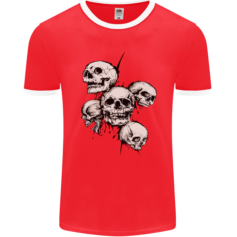 5 Skulls Demons Biker Gothic Heavy Metal Mens Ringer T-Shirt FotL Red/White