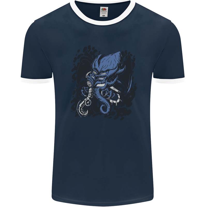 Cyberpunk Cthulhu Kraken Octopus Mens Ringer T-Shirt FotL Navy Blue/White