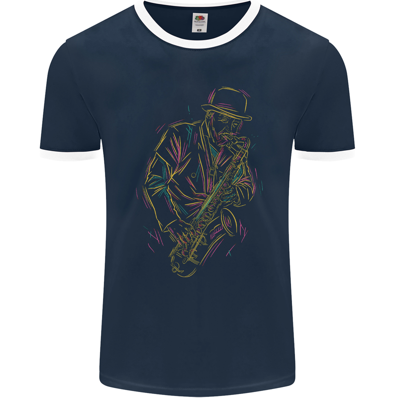 Jazz Colourful Saxophone Player Mens Ringer T-Shirt FotL Navy Blue/White