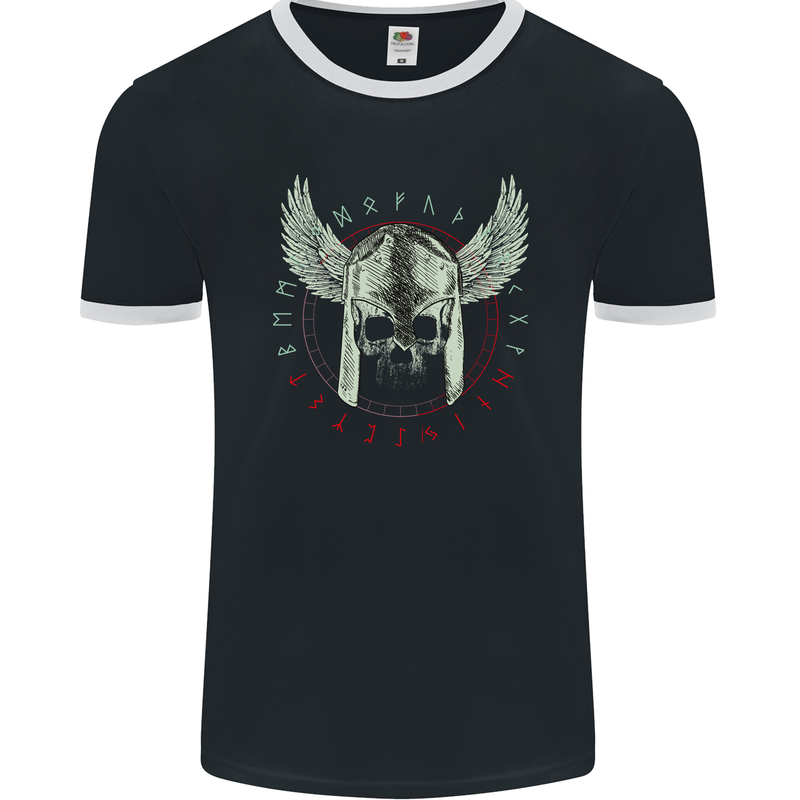 Viking Skull Wings Runic Text Gym Helmet Mens Ringer T-Shirt FotL Black/White