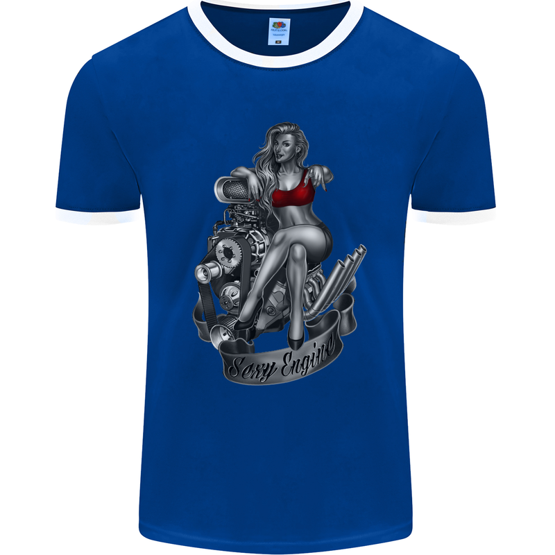 Sexy Engine Muscle Car Hot Rod Hotrod Mens Ringer T-Shirt FotL Royal Blue/White