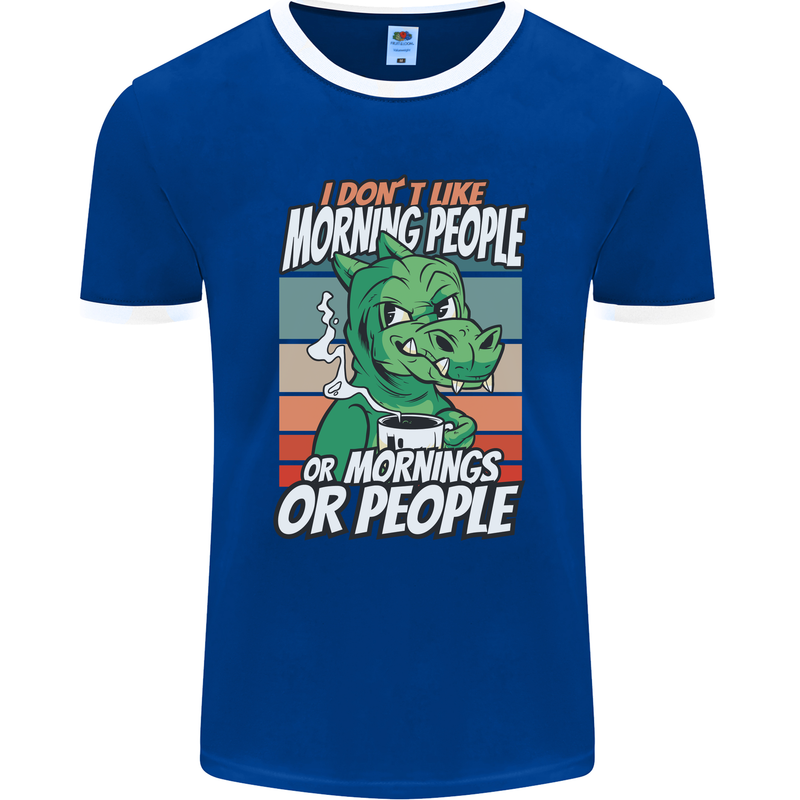 Dinosaur I Don't Like Morning People Funny Mens Ringer T-Shirt FotL Royal Blue/White