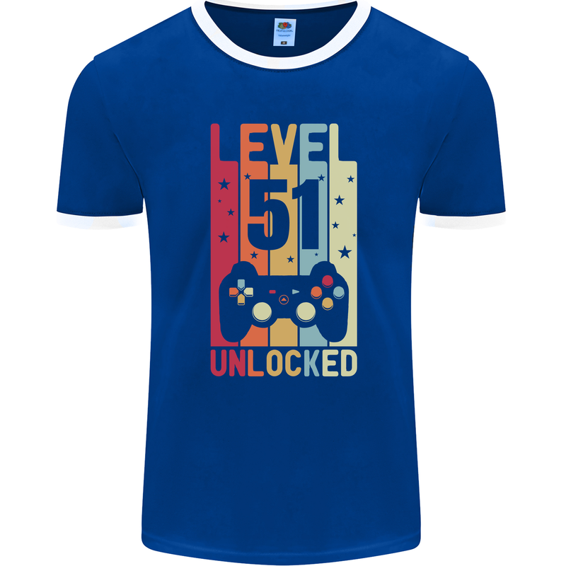 51st Birthday 51 Year Old Level Up Gamming Mens Ringer T-Shirt FotL Royal Blue/White