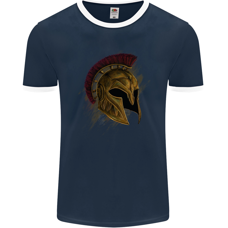 Spartan Helmet Gym Bodybuilding Training Mens Ringer T-Shirt FotL Navy Blue/White