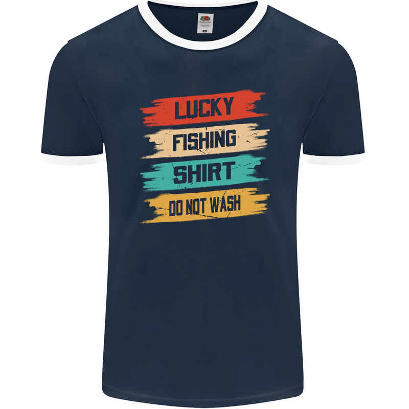 Lucky Fishing Shirt Fisherman Funny Mens Ringer T-Shirt FotL Navy Blue/White