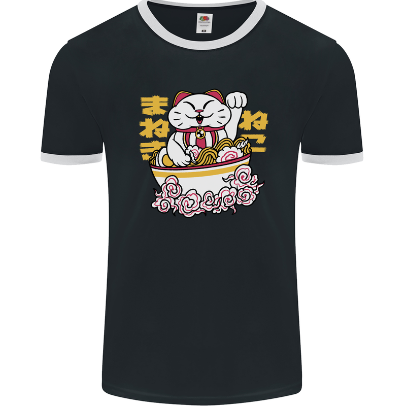 Ramen Lucky Cat Mens Ringer T-Shirt FotL Black/White