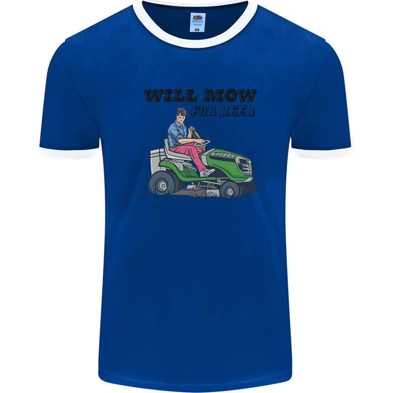 Will Mo the Lawn For Beer Funny Alcohol Mens Ringer T-Shirt FotL Royal Blue/White