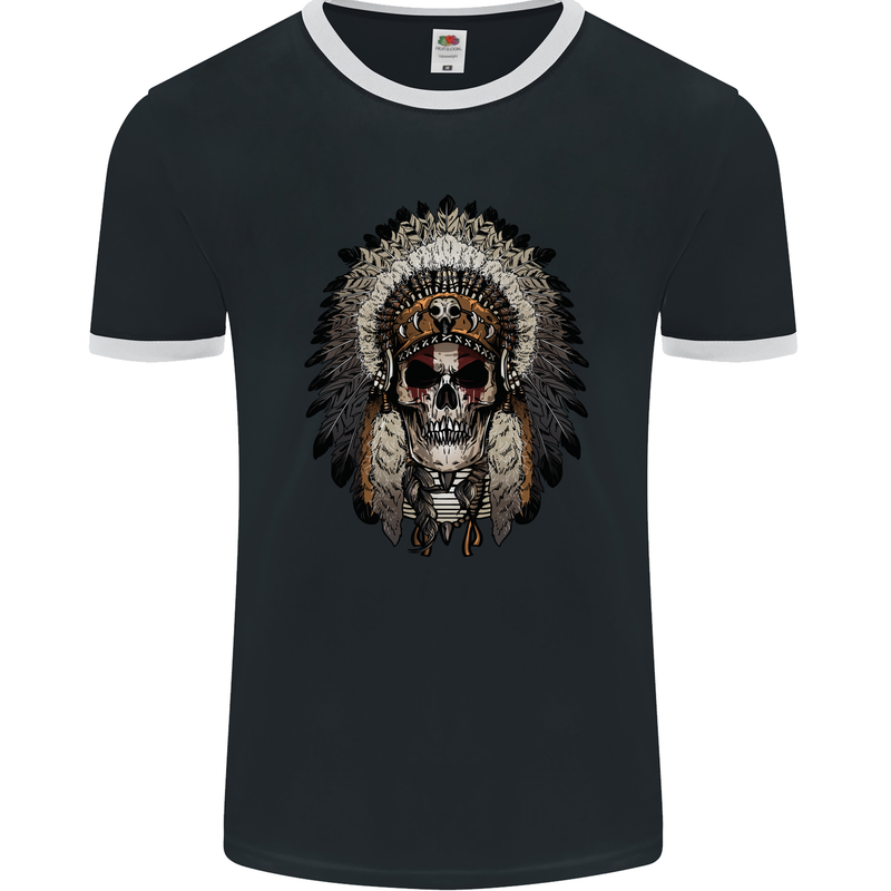 Native American Indian Skull Headdress Mens Ringer T-Shirt FotL Black/White