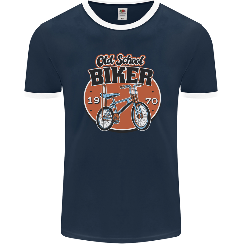 Old School Biker Bicycle Chopper Cycling Mens Ringer T-Shirt FotL Navy Blue/White