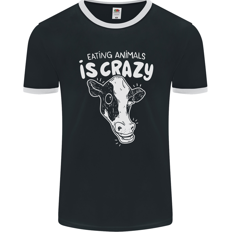 Eating Animals Is Crazy Vegetarian Vegan Mens Ringer T-Shirt FotL Black/White