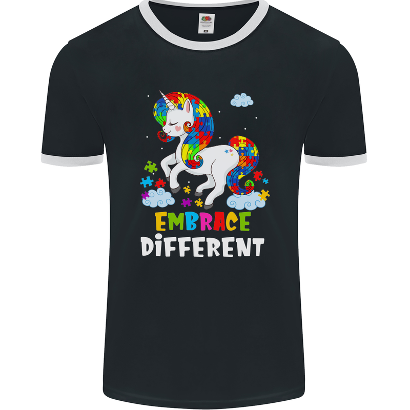 Autism Unicorn Embrace Different Autistic Mens Ringer T-Shirt FotL Black/White