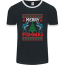 Merry Fishmas Funny Christmas Fishing Mens Ringer T-Shirt FotL Black/White