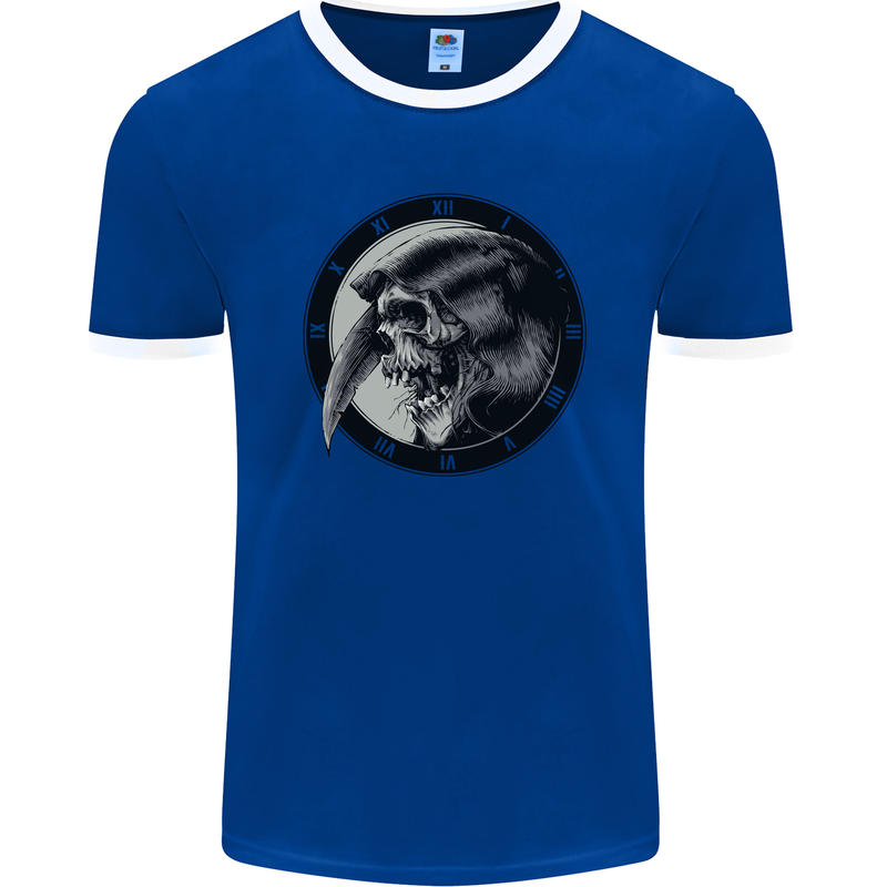 Grim Reaper Clock Skull Biker Gothic Demon Mens Ringer T-Shirt FotL Royal Blue/White