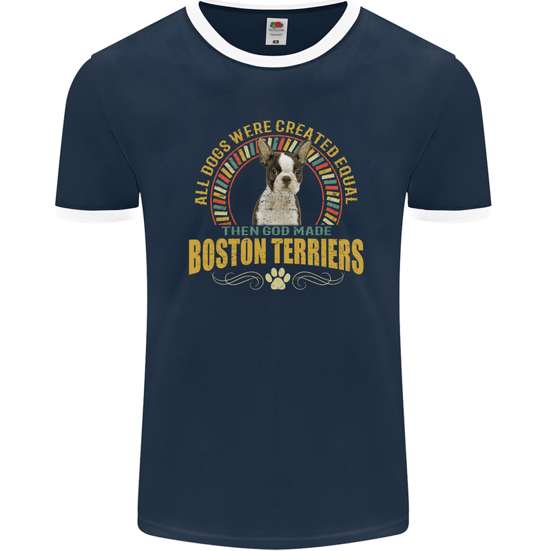 A Boston Terrier Dog Mens Ringer T-Shirt FotL Navy Blue/White