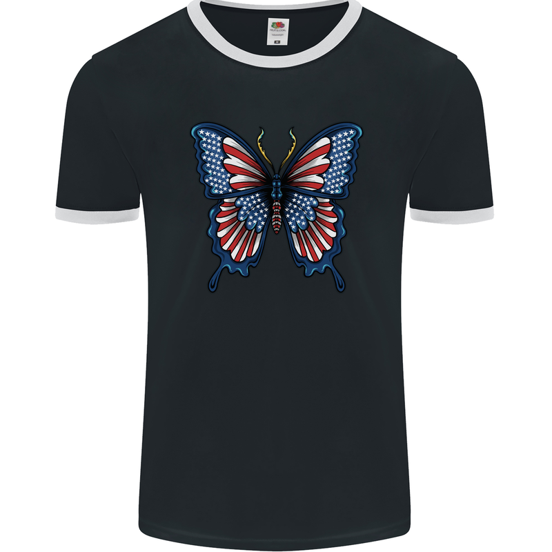 American Butterfly Flag USA July 4th Mens Ringer T-Shirt FotL Black/White