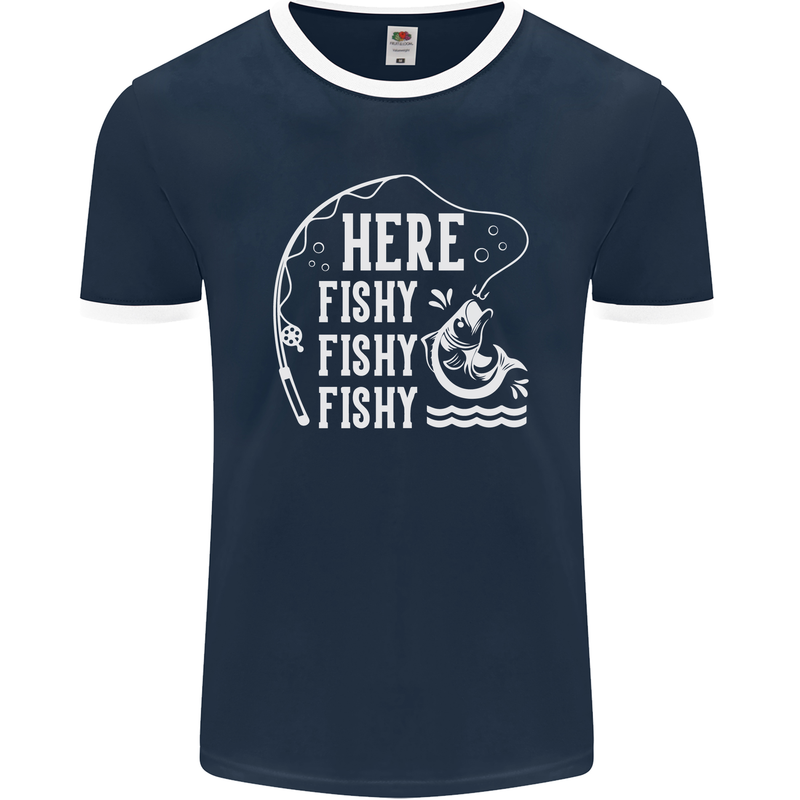 Here Fishy Fishy Funny Fishing Fisherman Mens Ringer T-Shirt FotL Navy Blue/White