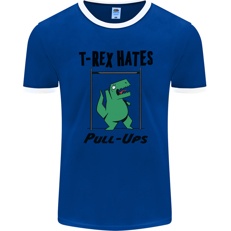 T-Rex Hates Pull Ups Funny Gym Dinosaurs Mens Ringer T-Shirt FotL Royal Blue/White