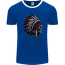 Indian Skull Headdress Biker Motorcycle Mens Ringer T-Shirt FotL Royal Blue/White
