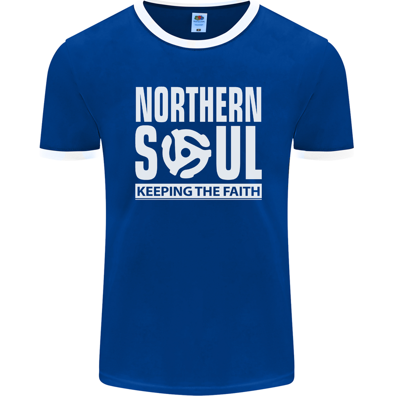 Northern Soul Vinyl 33rpm Record Insert Mens Ringer T-Shirt FotL Royal Blue/White