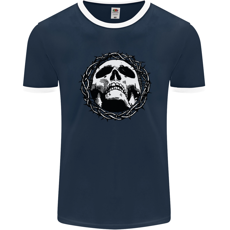 A Skull in Thorns Gothic Christ Jesus Mens Ringer T-Shirt FotL Navy Blue/White