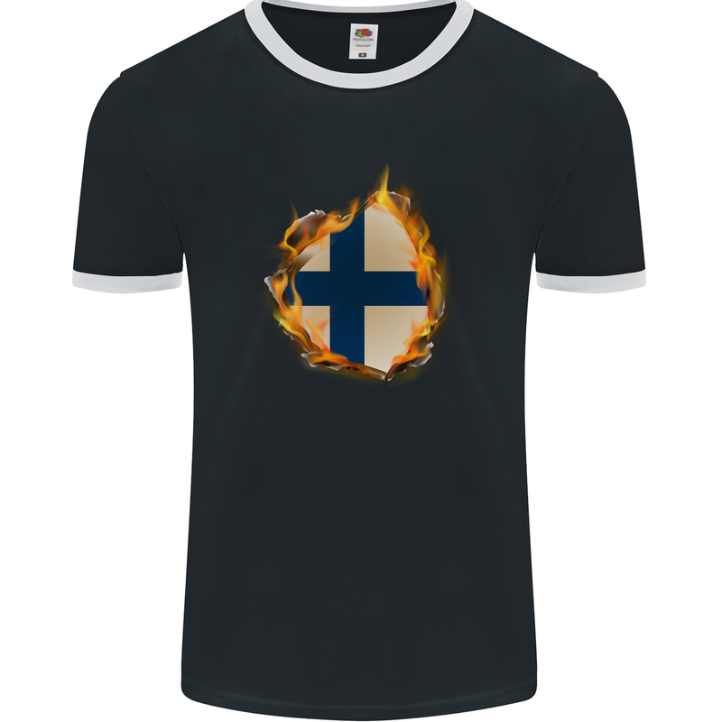 The Finnish Flag Fire Effect Finland Mens Ringer T-Shirt FotL Black/White