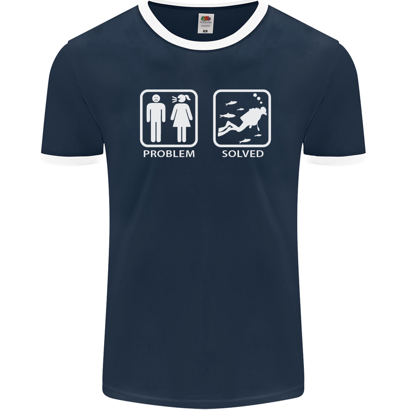 Scuba Diving Problem Solved Mens Ringer T-Shirt FotL Navy Blue/White