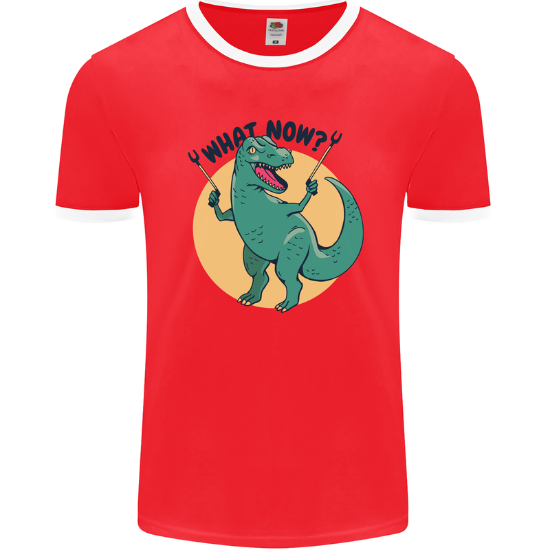 T-Rex What Now Funny Dinosaur Mens Ringer T-Shirt FotL Red/White