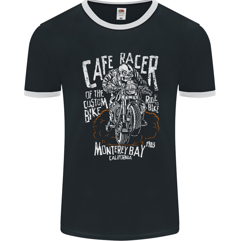 Cafe Racer Skull Motorcycle Biker Motorbike Mens Ringer T-Shirt FotL Black/White