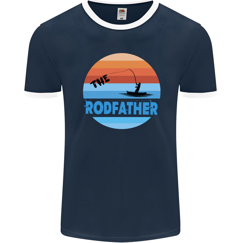 The Rodfather Funny Fishing Rod Father Mens Ringer T-Shirt FotL Navy Blue/White