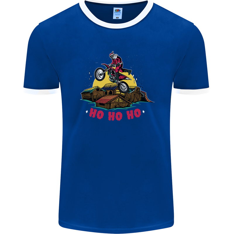 Christmas Santa Motocross Dirt Bike Mens Ringer T-Shirt FotL Royal Blue/White