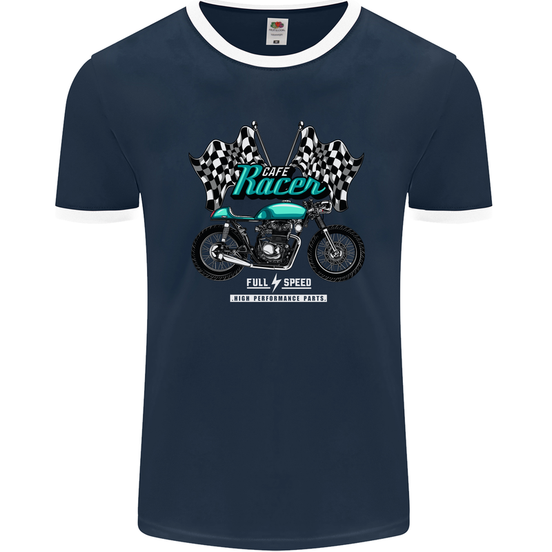 Cafe Racer Full Speed Biker Motorcycle Mens Ringer T-Shirt FotL Navy Blue/White