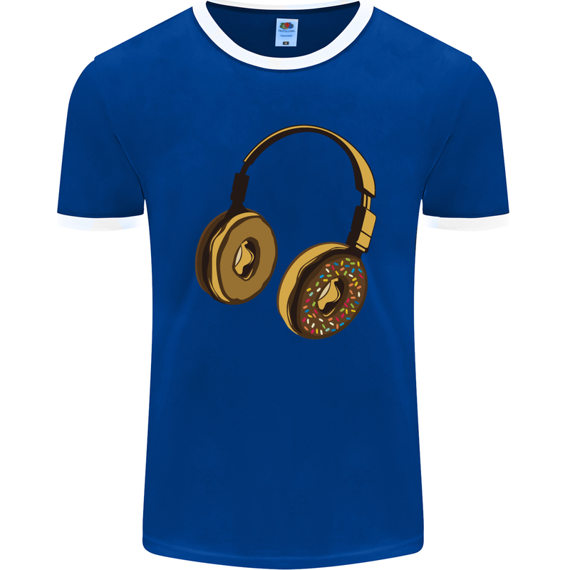 Donut Headphones Music DJ DJing Funny Mens Ringer T-Shirt FotL Royal Blue/White