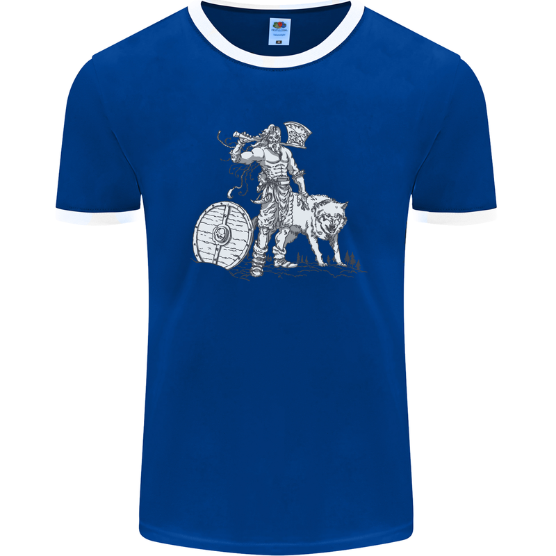 Viking With a Wolf and Shield Thor Valhalla Mens Ringer T-Shirt FotL Royal Blue/White