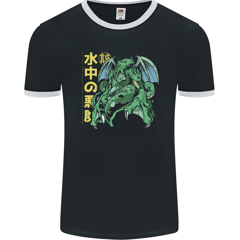 Japanese Anime Cthulhu Kraken Mens Ringer T-Shirt FotL Black/White