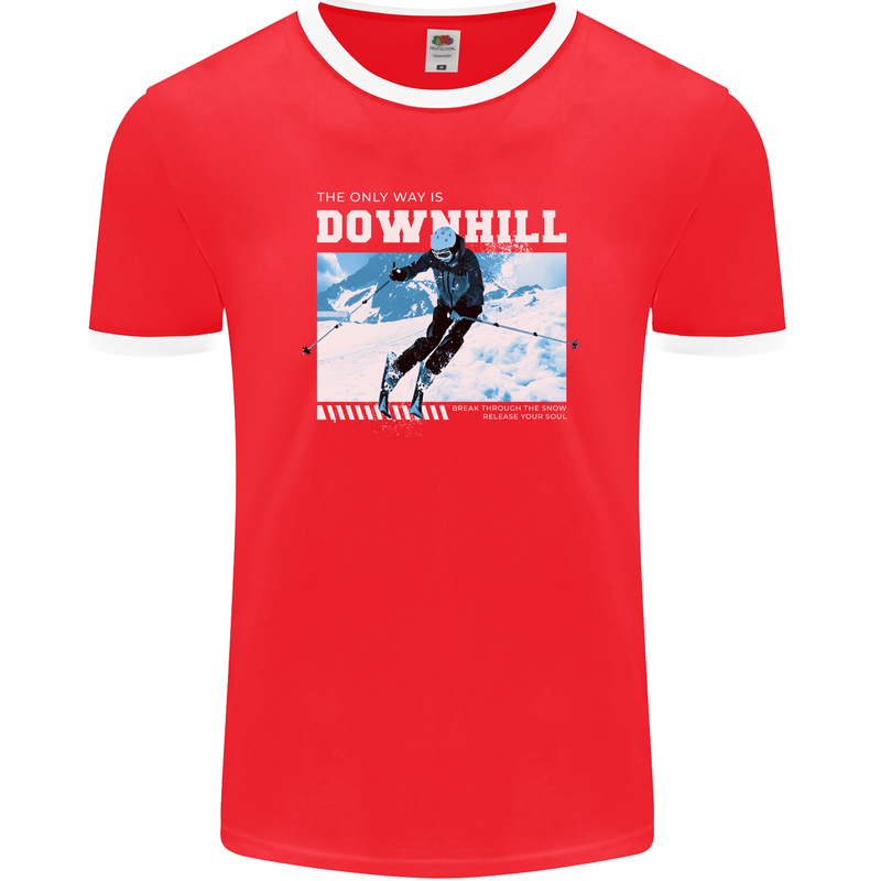 The Only Way is Downhill Skiing Ski Skier Mens Ringer T-Shirt FotL Red/White