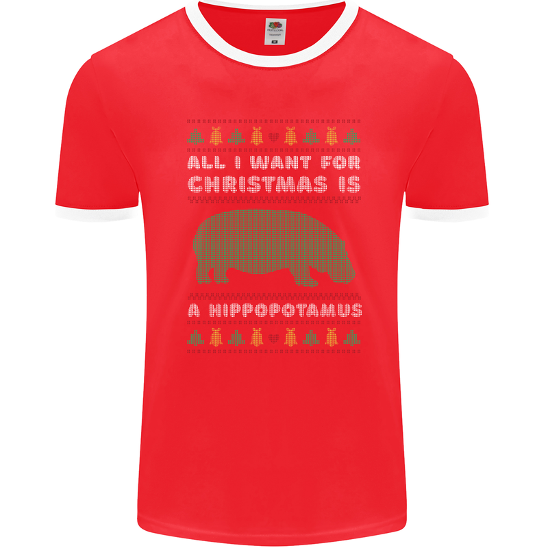 Hippopotamus Hippo Christmas Funny Mens Ringer T-Shirt FotL Red/White