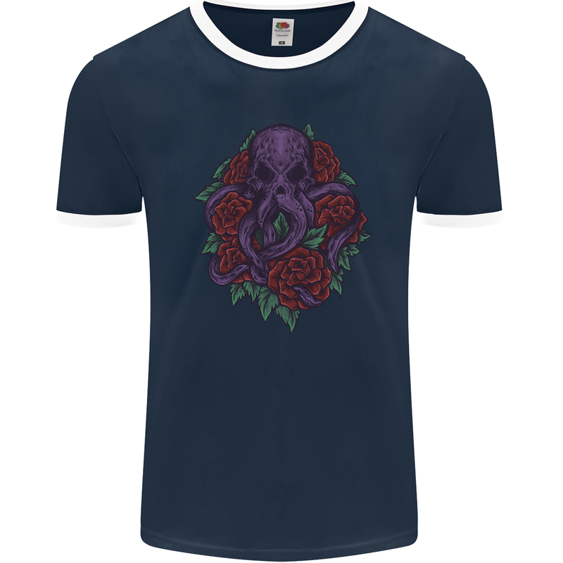 Octopus Skull Cthulhu Kraken With Roses Mens Ringer T-Shirt FotL Navy Blue/White