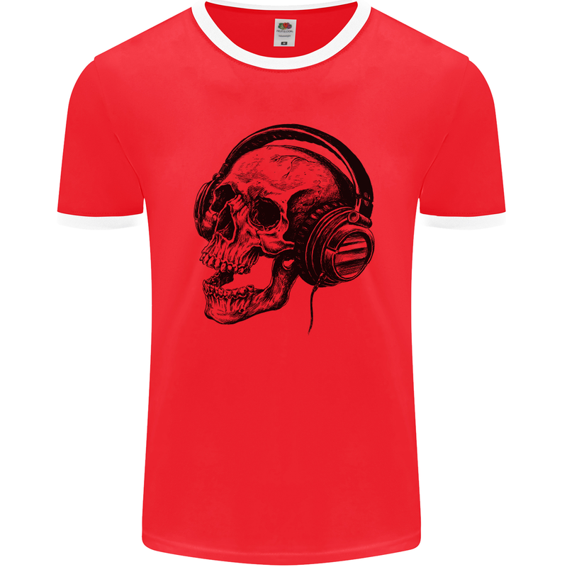 Skull Headphones Gothic Rock Music DJ Mens Ringer T-Shirt FotL Red/White