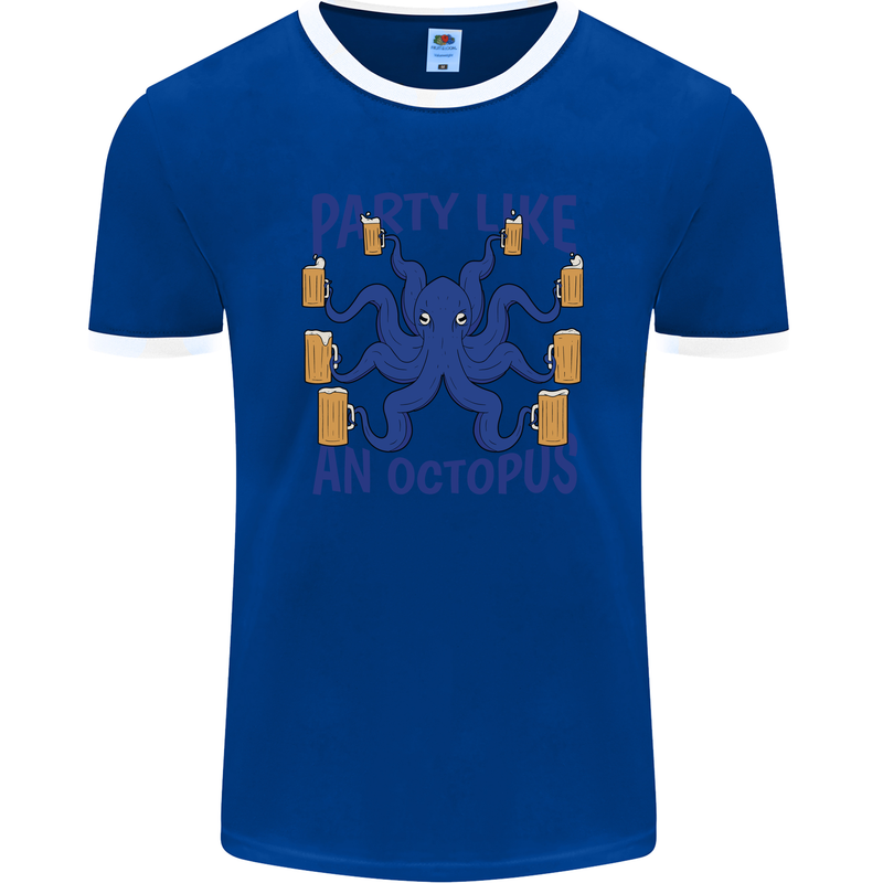 Beer Party Octopus Scuba Diving Diver Funny Mens Ringer T-Shirt FotL Royal Blue/White