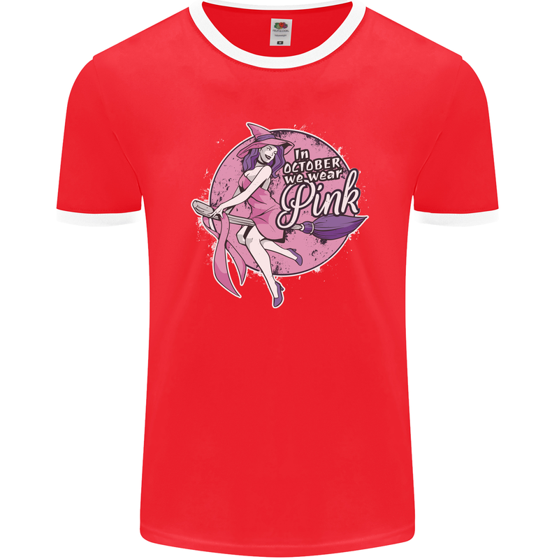 Breast Cancer Awareness Witch Halloween Mens Ringer T-Shirt FotL Red/White